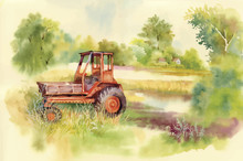 Watercolor Tractor Machine In Yard. Equipment On The Village