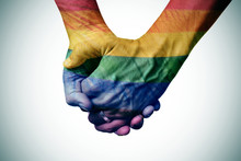 Gay Couple Holding Hands, Patterned As The Rainbow Flag
