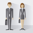 © KostaKostov - Imagen vectorial de alta calidad que representa a un hombre y una mujer de negocios vestidos con trajes elegantes de pie con maletines, transmitiendo profesionalismo y éxito.