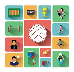 Modern flat volleyball icons set with long shadow effect