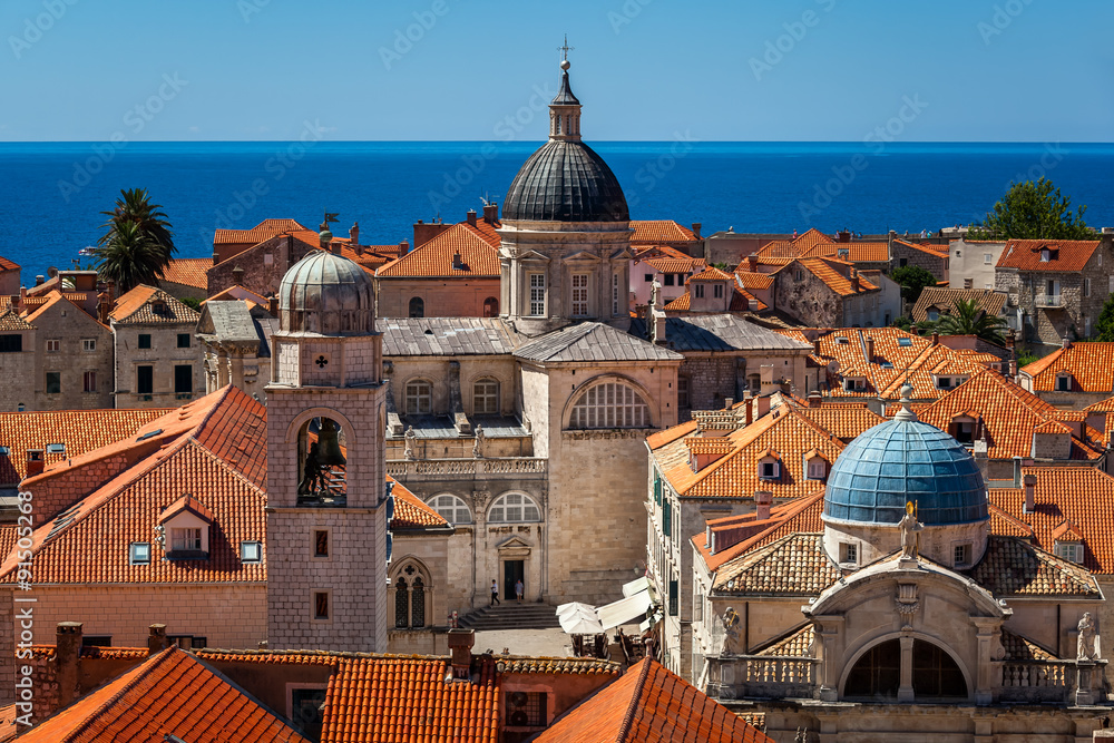 Aerial View of Luza Square, Saint Blaise Church and Assumption Cathedral from the City Walls, Dubrovnik, Croatia - obrazy, fototapety, plakaty 