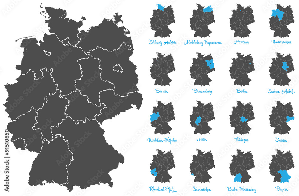 Deutschland Karte mit Bundesländern Vektor Set - obrazy, fototapety, plakaty 