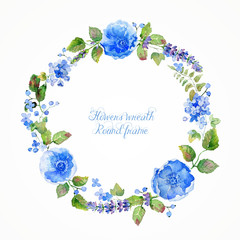 Round frame of watercolor blue flowers and berries. Watercolor wreath of flowers. Can be used as a greeting card for background of Valentine's day, birthday, mother's day or any other design.