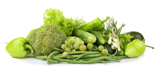 Fototapete - Heap of green vegetables isolated on white