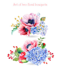 Wall Mural - Set of watercolor floral bouquets for design. Illustration of red poppies and blue hydrangeas. Watercolor flowers. 