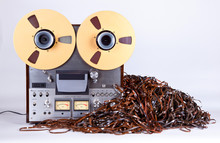 Open Reel Tape Deck Recorder Player With Messy Entangled Tape