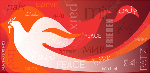 Foto Dove on flames background and word Peace in different languages