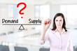 © sindler1 - Young business woman writing demand and supply compare on balance bar. Office background.