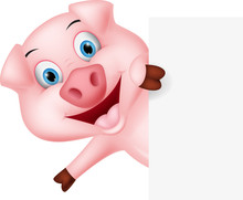Happy Pig Cartoon With Sign