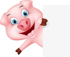 Wall Mural - Happy pig cartoon with sign