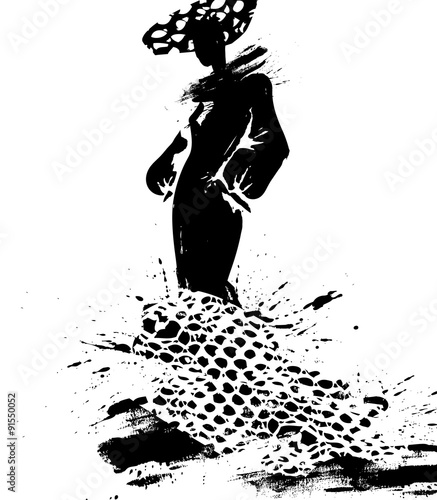 Naklejka na szybę Fashion illustration a woman in long dress, ink.