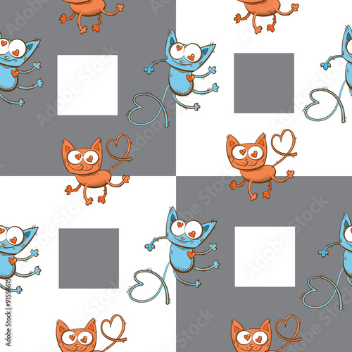 Obraz w ramie Vector seamless pattern with cartoon pink cats and hearts on a checkered background.