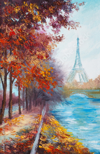 Obraz w ramie Oil painting of Eiffel Tower, France, autumn landscape