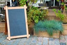 Empty Menu Advertising Board And Wooden Box Of Grass Near A Rest
