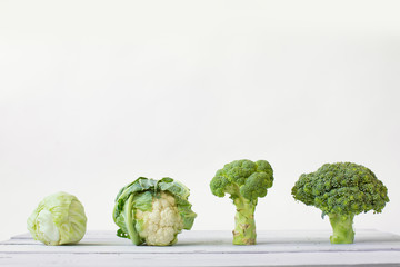 Cauliflower, broccoli and cabbage closeup