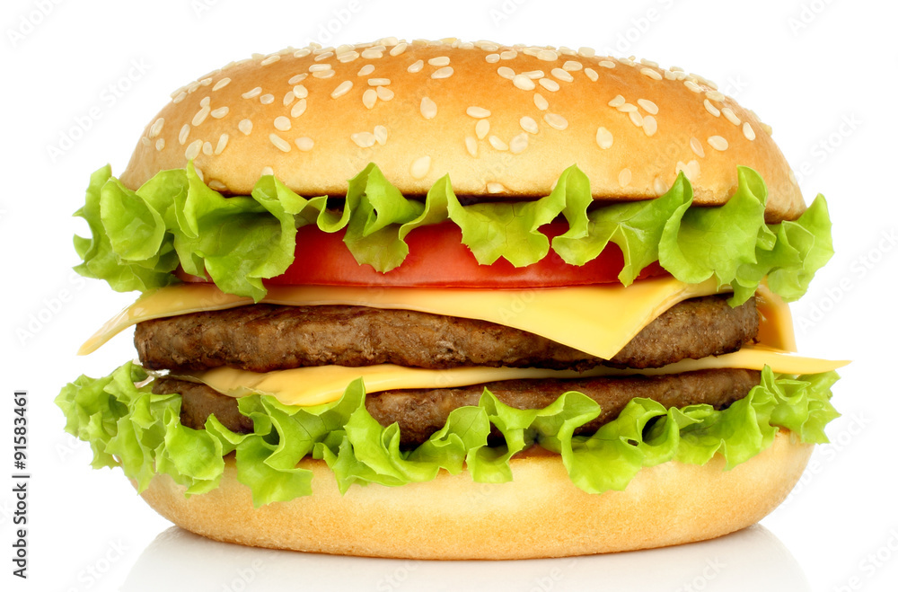 Big hamburger on white background - obrazy, fototapety, plakaty 
