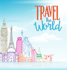 Wall Mural - travel the world concept design background of line drawing of famous landmarks