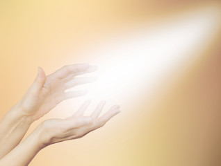 Wall Mural - Beautiful Golden Healing Energy  -    Female healing hands outstretched with bright shaft of light beaming out and up on a pale golden background