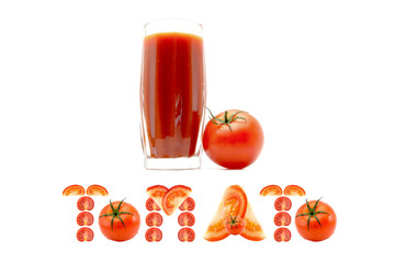 glass of tomato juice with a word tomato inscription at the bottom of the pieces of sliced tomatoes isolated on white background