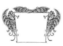 Angel Banner, Vintage Style. Old Fashioned Drawing Of Angels Holding Up A Banner While Blowing On Trumpets. Style Is Reminiscent Of Woodcut Or Engraved Period Art.