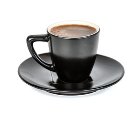 black Cup and saucer with a coffee in isolation