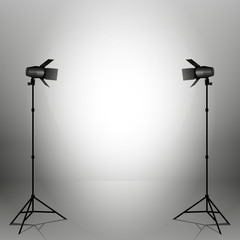Aufkleber - Empty photo studio with spotlights. Vector illustration. Grey backdrop.