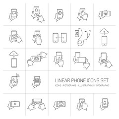 Vector linear phone and technology icons set with hand gestures