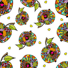 Wall Mural - Zentangle colorful apple on white background, seamless pattern