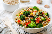 Barley Porridge With Corn, Broccoli, Garlic, Mushrooms And Peppe
