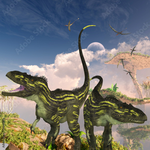 Plakat na zamówienie Torvosaurus Dinosaurs - Torvosaurus dinosaurs on a cliff search for prey as a flock of Rhamphorhynchus reptiles fly nearby.