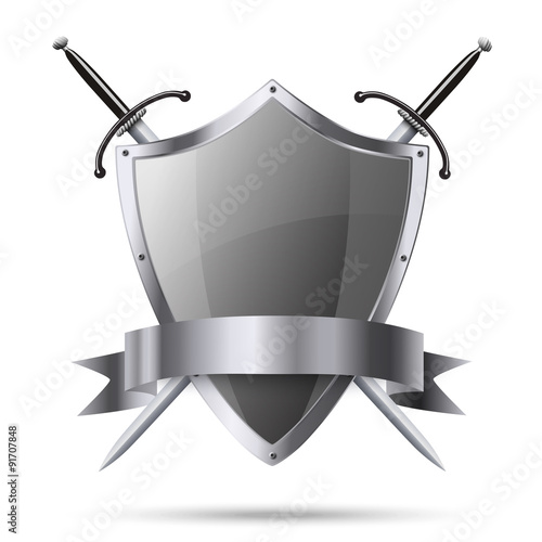 Fotografie, Obraz Metallic glittering shield and two swords with ribbon isolated