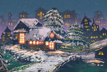 Christmas Night Scene Of Wooden Houses With A Christmas Lights,illustration Painting