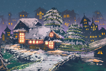 Christmas night scene of wooden houses with a christmas lights,illustration painting