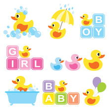 Vector Illustration Of Yellow Rubber Duck For Baby Shower.