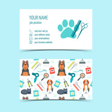 Set Of Business Cards For Animal Grooming. Promotional Products. Flat Design. Vector