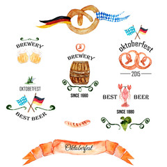 Watercolor retro styled labels set with beer, pretzel and text