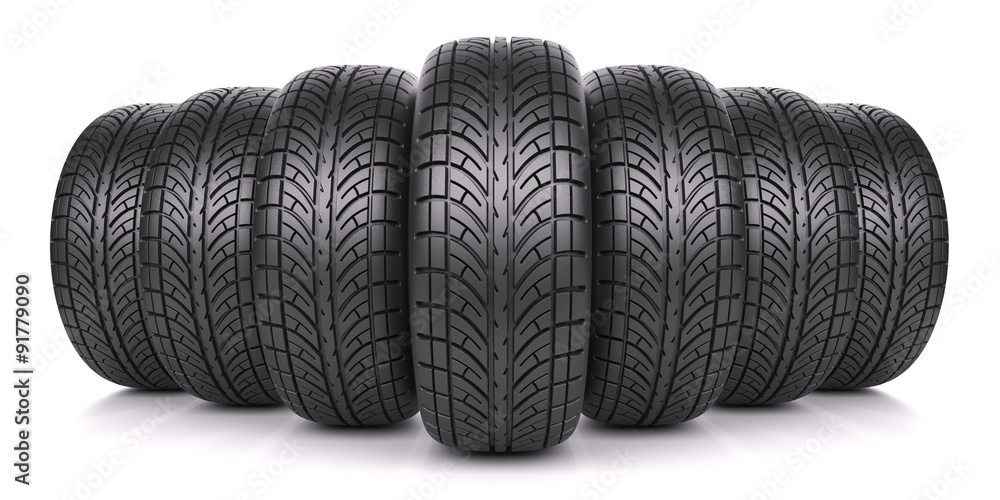 Car tires in row isolated on white background 3d - obrazy, fototapety, plakaty 