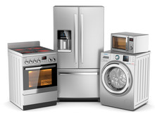 Home Appliances. Group Of Silver Refrigerator, Washing Machine,