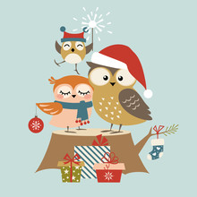 Christmas Greeting Card With Cute Owl Family