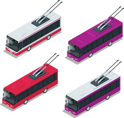 Wall Mural - Flat 3d isometric high quality city transport icon set. Vector city electric trolleybus collection 