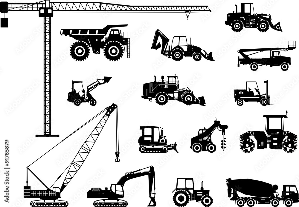 Set of heavy construction machines icons. Vector illustration - obrazy, fototapety, plakaty 