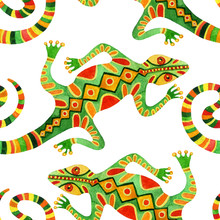 Watercolor Seamless Cactus Pattern With Lizards