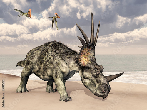 Nowoczesny obraz na płótnie Styracosaurus and Thalassodromeus