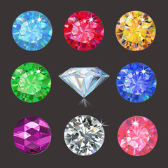 Wall Mural - Set of colored gems isolated on dark background, vector illustration