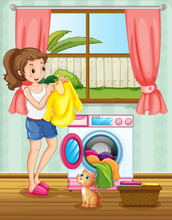 Woman Doing Laundry In The House