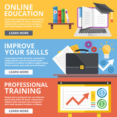Wall Mural - online education, skills improvement, professional training flat illustration concepts set