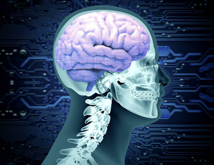 x-ray image of a scull with a brain and circuit board chip