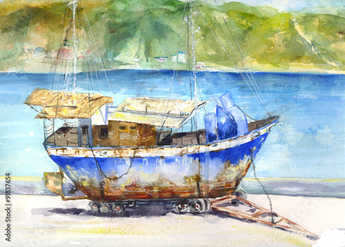 Fototapeta na wymiar Old ship. Hand-made watercolor paper