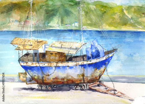 Fototapeta do kuchni Old ship. Hand-made watercolor paper