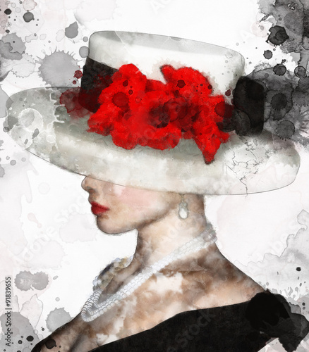 Naklejka dekoracyjna Portrait of a charming woman with hat and red flowers